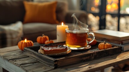 Obraz premium Cozy autumn scene with tea, pumpkin pie, and candles.