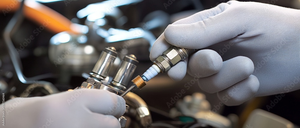 Poster close-up of mechanics hands in protective gloves installing fuel injector in engine bay for automoti