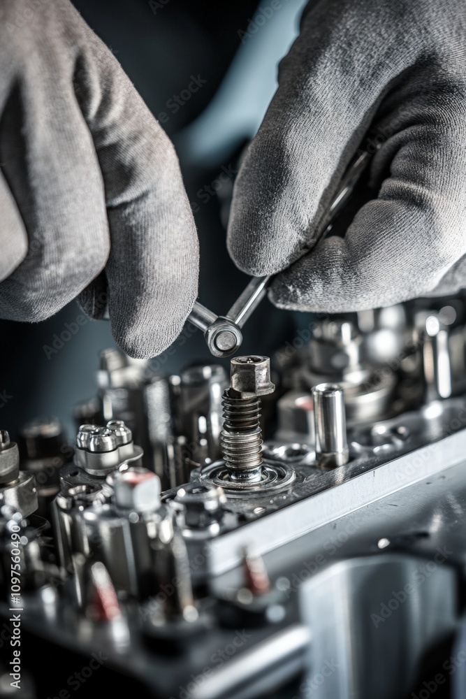 Poster Close-Up of Mechanics Hands Using Tools to Assemble Engine Components in Automotive Workshop â€“ Precision and Repair Concept