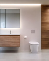 Modern bathroom design featuring minimalist elements and warm wood accents in a stylish setting