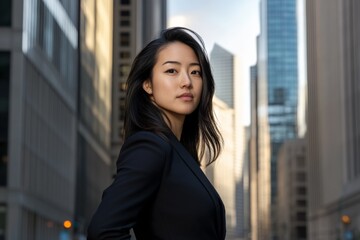Fototapeta premium Confident Businesswoman Portrait in Urban Cityscape, Professional Fashion Against Skyscrapers, Empowerment and Career Success Concept