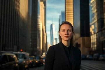 Selbstklebende Fototapeten Confident Businesswoman Standing in Urban Cityscape at Sunset â€“ Professional Portrait in Skyscraper Environment, Perfect for Career and Empowerment Themes © felix_brönnimann