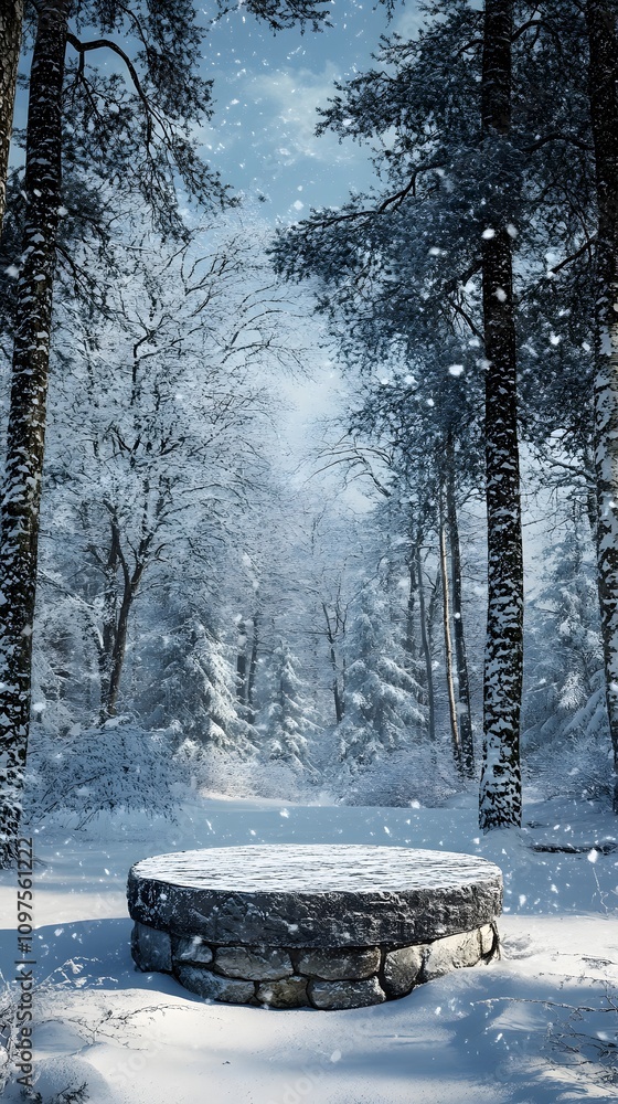 Poster 13. a quiet snow-covered forest with a stone podium surrounded by snow-dusted trees, the soft snowfa