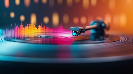 Colorful vinyl record player with vibrant sound waves, dynamic music scene.