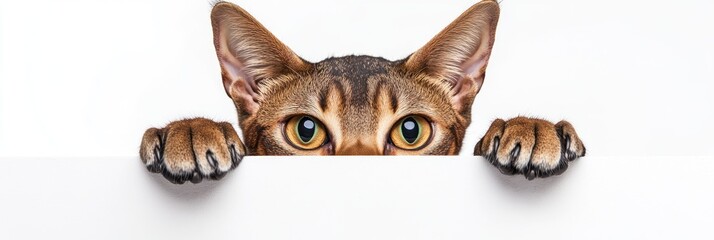 Fototapeta premium A curious cat peeking over a white surface with expressive eyes and paws visible.