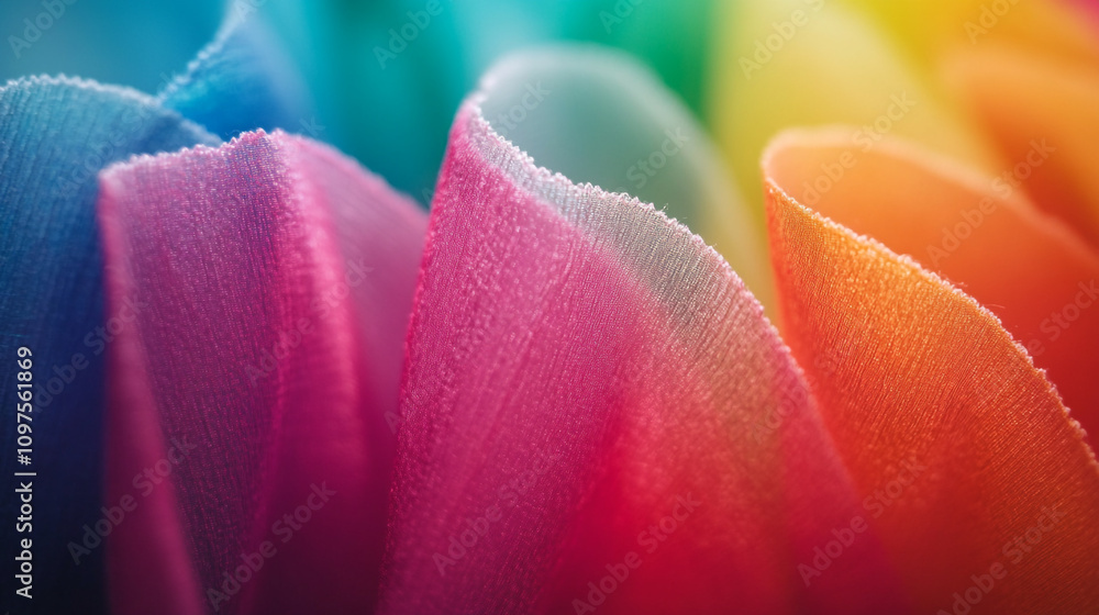 Poster Vibrant multicolored fabric folds creating a wave-like pattern in soft lighting