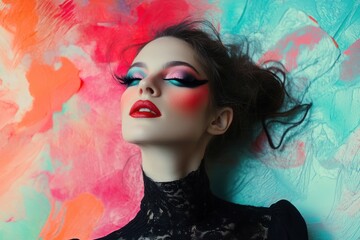 Studio portrait of a woman with dramatic makeup, colorful backdrop, artistic flair 