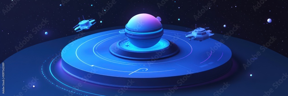 Canvas Prints a futuristic depiction of a planet surrounded by spacecraft in a cosmic environment.