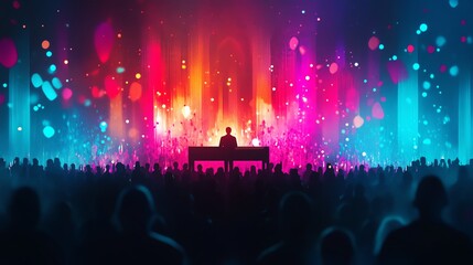 Vibrant concert scene with colorful lights and crowd enjoying live music performance.