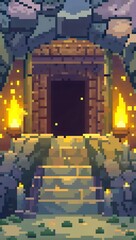 Cave entrance with torches and stone walls pixel art background. 8-bit game assets