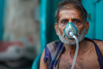 An indian man wearing oxygen mask due to air pollution in delhi.