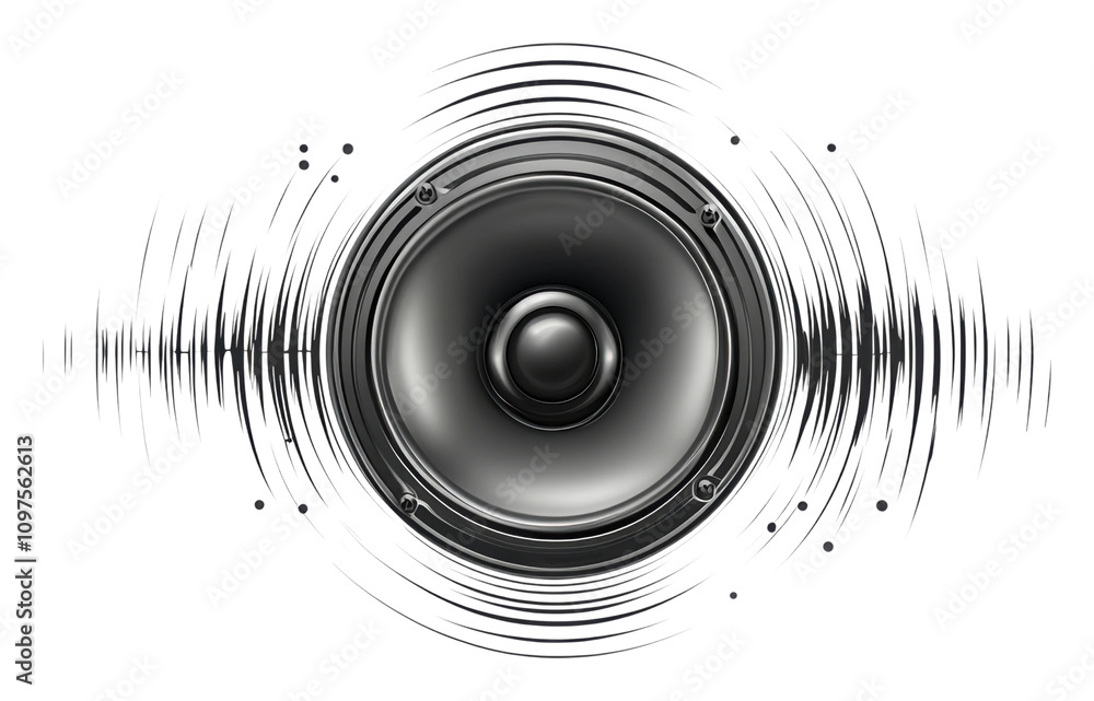 Poster vector design of a speaker with sound waves radiating outward isolated on transparent background