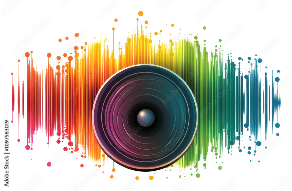 Poster speaker emitting colorful sound waves in abstract design isolated on transparent background