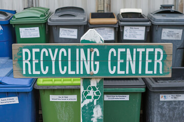 A close-up of a recycling center sign, encouraging responsible waste disposal