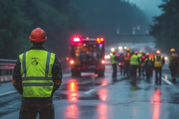 Emergency Roadside Response Team in Rainy Conditions: Construction Workers, Safety Gear, and Flashing Lights on Busy Highway at Dusk