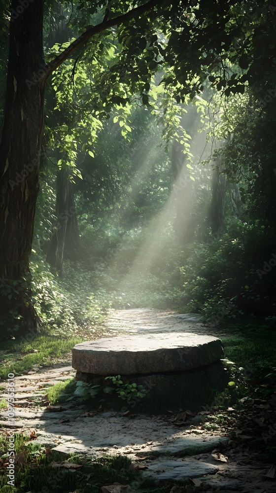 Poster 18. a deep forest path with a stone podium in a sunlit clearing, rays of light filtering through the