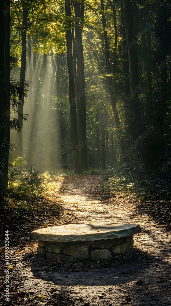 Poster 18. a deep forest path with a stone podium in a sunlit clearing, rays of light filtering through the