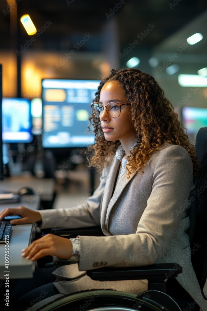 Poster focused businesswoman analyzing data on computer in modern office environment â€“ professional works