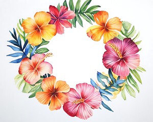A vibrant floral wreath featuring various hibiscus flowers and tropical leaves.