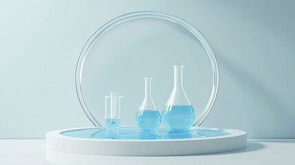 Front view of circle transparent podium and laboratory glassware filled with blue water. Empty area to display product.