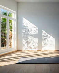 Fototapeta premium Natural sunlight creates beautiful shadows in a minimalist indoor space with a yoga mat
