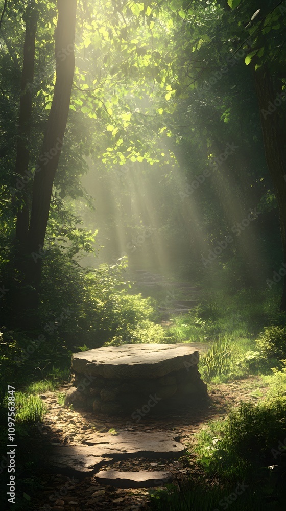 Poster 18. a deep forest path with a stone podium in a sunlit clearing, rays of light filtering through the