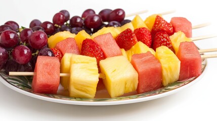 A plate of colorful fruit kabobs with chunks of watermelon, pineapple, grapes