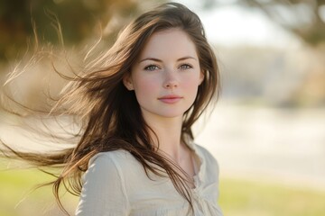 Fototapeta premium Young woman portrait with long hair flowing,
