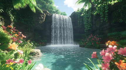 A lush tropical waterfall cascading into a clear pool, surrounded by dense jungle and vibrant flowers 
