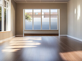 Fototapeta premium Spacious sunlit room with large windows and wooden flooring in a modern interior setting