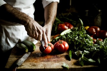 Fresh Vegetables Preparation: Chef Slicing Tomatoes and Herbs on Wooden Cutting Board for Delicious Home Cooking and Healthy Recipes