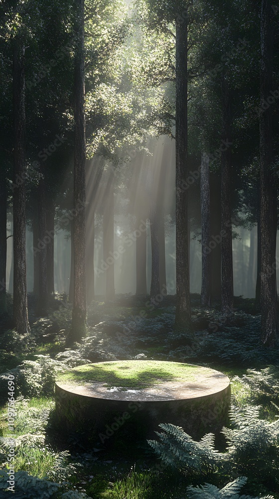 Poster 1. a serene forest glade with a moss-covered podium surrounded by tall trees and dappled sunlight fi