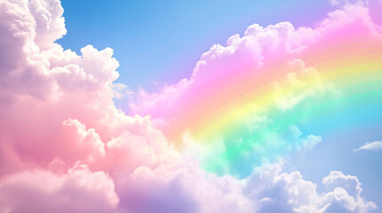 Bright rainbow arcs across fluffy clouds in a vibrant sky after rain