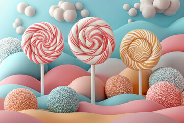 Colorful lollipops and a candy land background with clouds. Pastel colors. Fantasy sweet world concept.