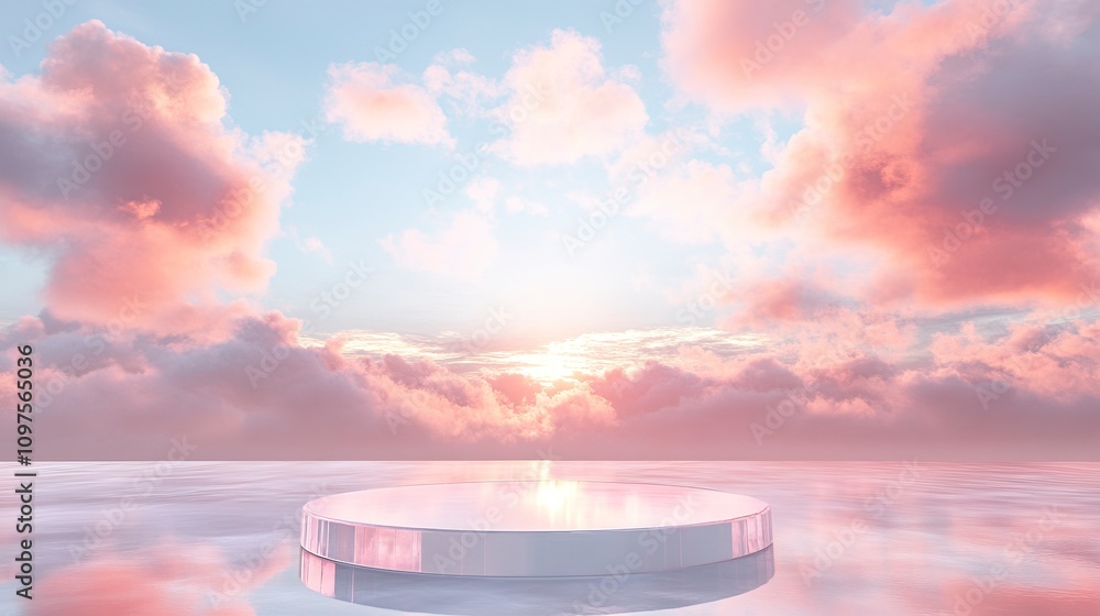 Poster front view of transparent podium decorated with pinky cloudy sky background abstract content.