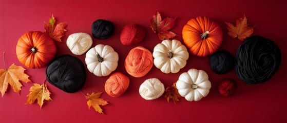Fototapeta premium Autumn Harvest Decor: Colorful Pumpkins and Leaves on a Red Background for Fall Celebration and Seasonal Home Decoration Ideas