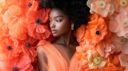 A beautiful black woman with an afro hairstyle wearing an orange tulle dress, silver earrings and surrounded by orange flowers. Showing female beauty