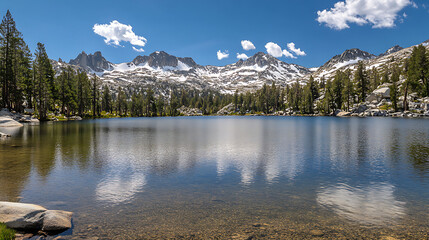 A crystal-clear lake reflecting the surrounding snow-capped mountains and pine forests under a bright blue sky 