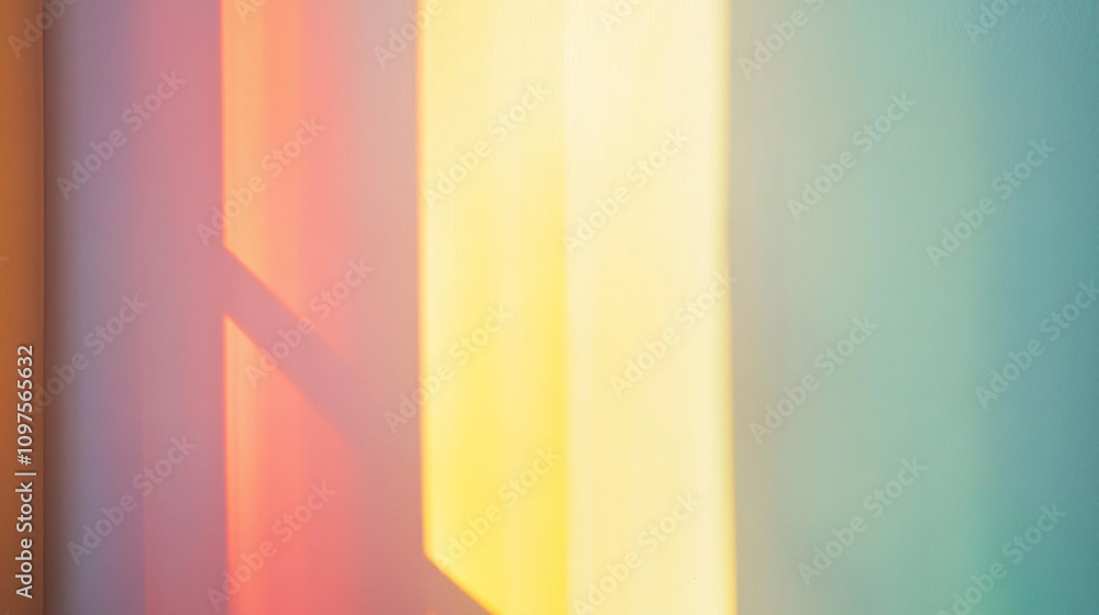 Poster light patterns create colorful reflections on a wall in a bright room during afternoon hours