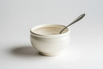Ceramic sugar bowl with a spoon on a white background