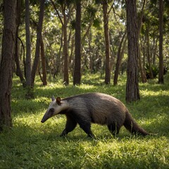 Fototapeta premium An anteater walking through a grassy forest floor under the shade of towering trees.