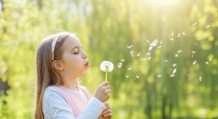 Child Blowing Dandelion Seeds in Sunny Park