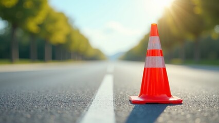 Solitary construction cone on pristine sunlit pavement emphasizing caution under a clear sky