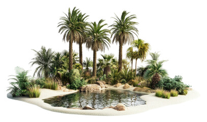 Desert oasis with palm trees and crystal clear water isolated on transparent background