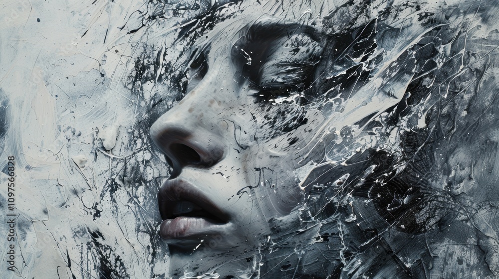 Poster the features are smeared and blended creating a sense of impermanence and fluidity in the face.