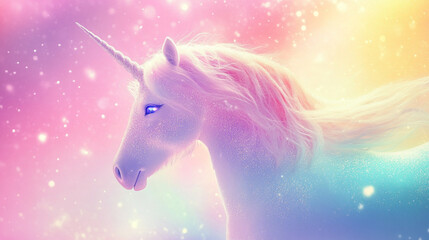 Naklejka premium Majestic unicorn surrounded by a vibrant pastel cosmic background