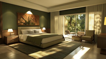 A chic bedroom with olive green accents, minimalistic furniture, and warm lighting creates a contemporary vibe.