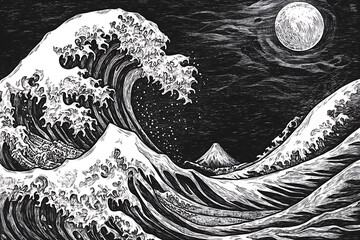 A dramatic wave scene with mountains and a moon, showcasing nature's power and beauty.