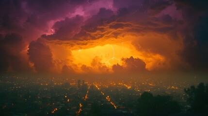 Naklejka premium Dramatic thunderstorm illuminating the night sky over a vibrant cityscape.