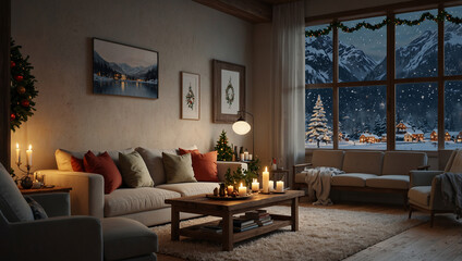 A beautifully decorated living room with a fireplace, showcasing charming Christmas decorations for a festive ambiance